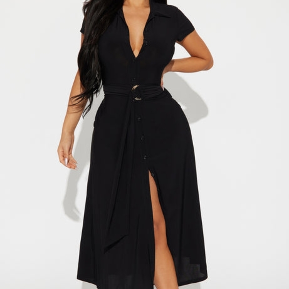 Fashion Nova Black Button-Up Midi Dress
